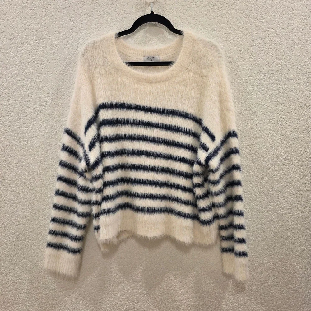 La Ligne x Target Striped Eyelash Knit Sweater XL Cream Navy Blue Fuzzy Pullover